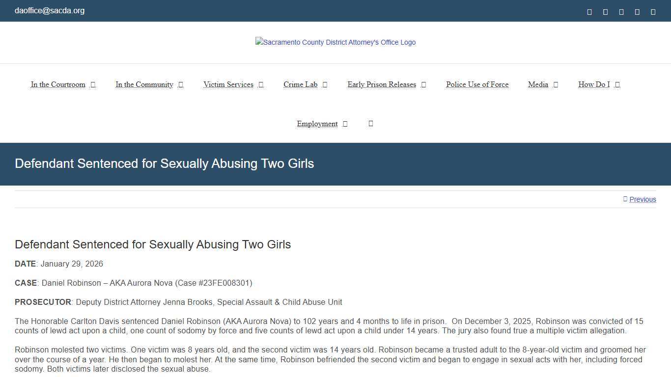 Defendant Sentenced for Sexually Abusing Two Girls – Sacramento County District Attorney's Office